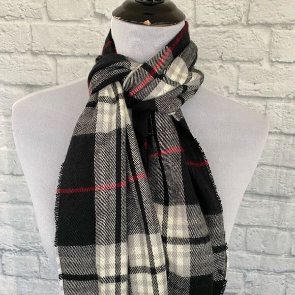 Plaid winter scarf black white & red w/end fringe 63.5”x12” - Picture 3 of 5